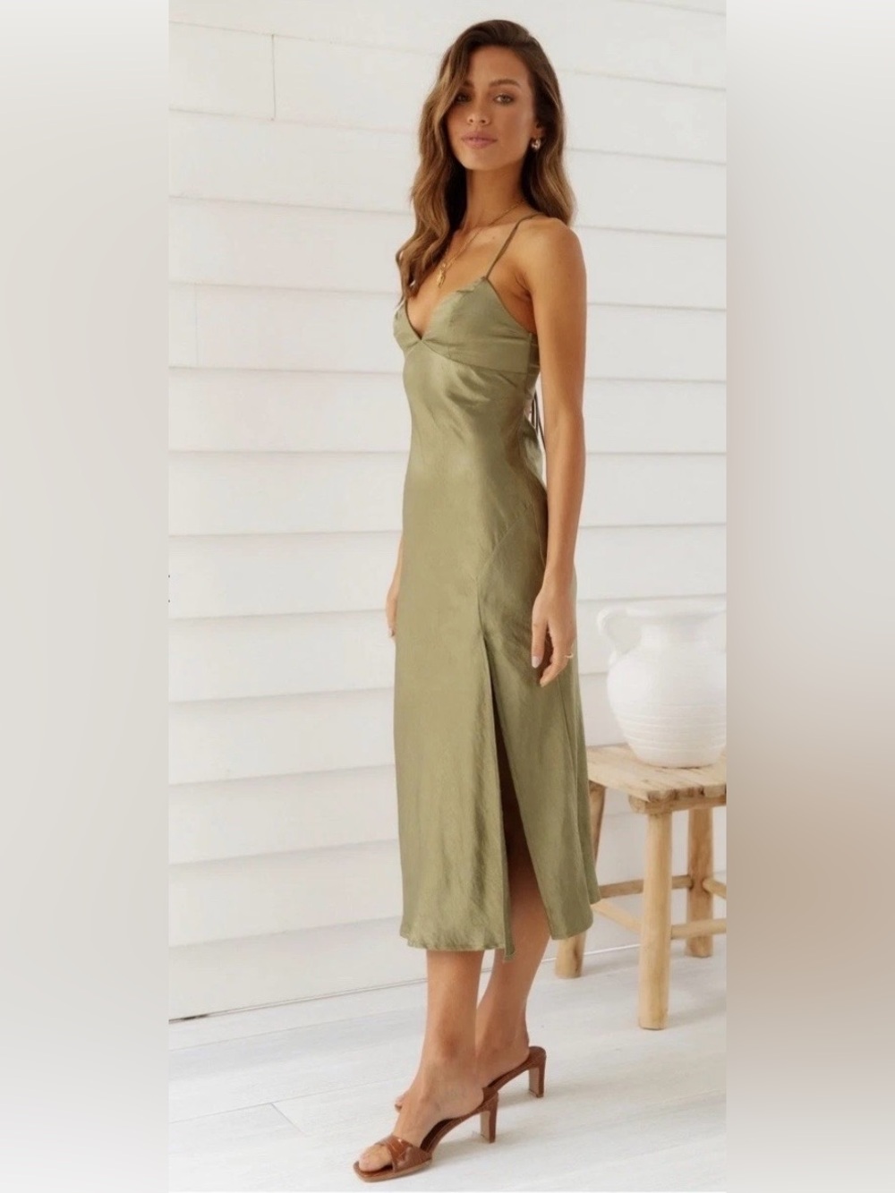 Hello Molly Smooth Sounds  Olive  Slip Midi Dress with Side Slit-4 - Picture 2 of 4